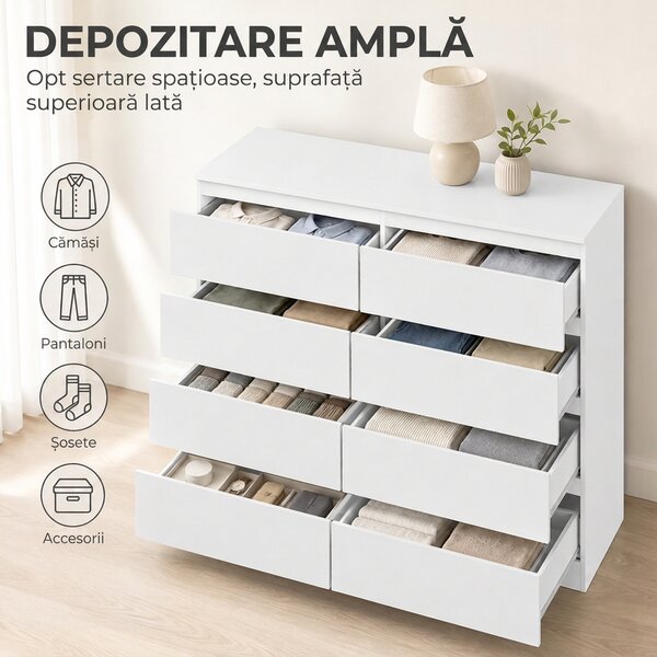 HOMCOM Comodă modernă cu 8 sertare, 120 x 39 x 100 cm, albă | Aosom Romania