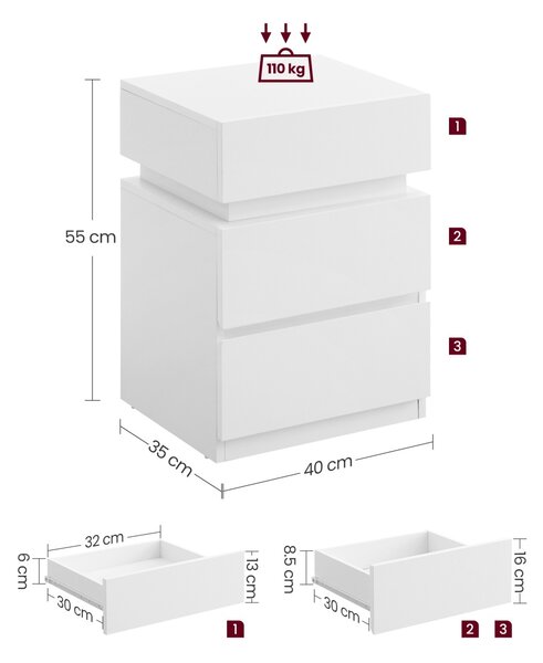 Set 2 buc. Noptiere Vasagle Alb 40x35x55 cm