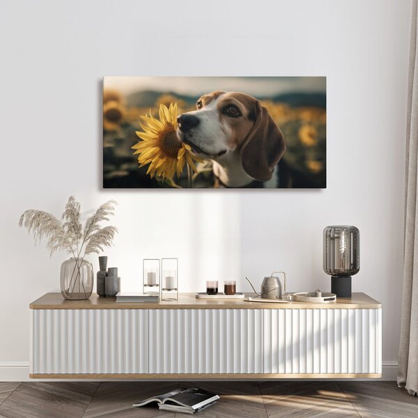 Tablou beagle cu floarea-soarelui