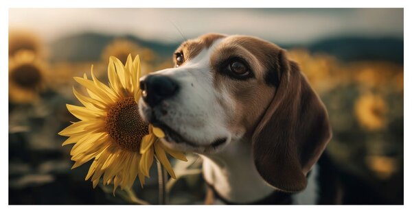 Tablou beagle cu floarea-soarelui