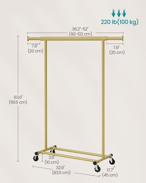 Suport pentru haine reglabil cu roti Songmics Auriu 132x45x161.5 cm