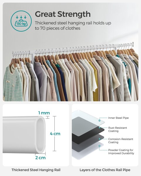 Suport pentru haine reglabil cu roti Songmics Alb 150x45x162.9 cm