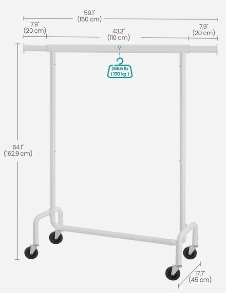 Suport pentru haine reglabil cu roti Songmics Alb 150x45x162.9 cm