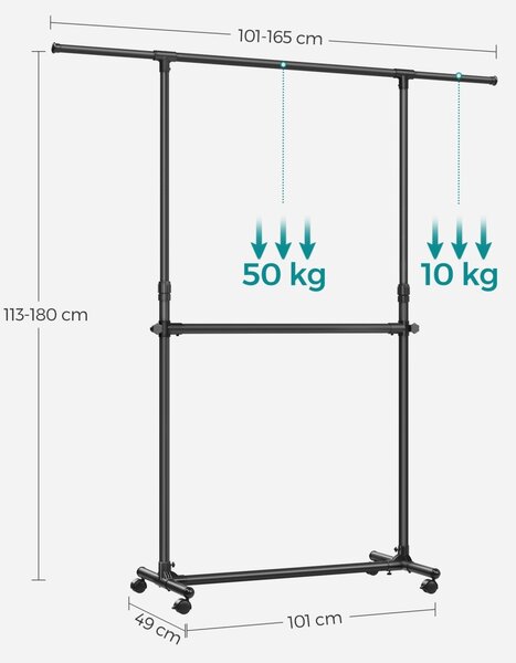 Suport pentru haine reglabil cu roti Songmics Negru 165x49x180 cm