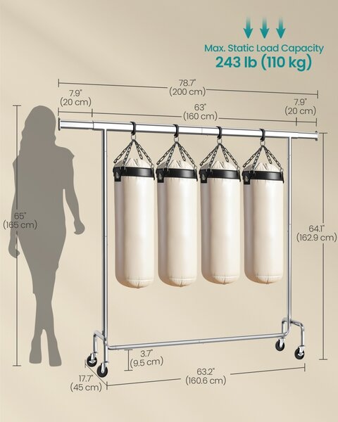 Suport pentru haine reglabil cu roti Songmics Argintiu 200x45x163 cm