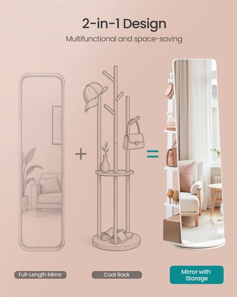 Oglinda de podea rotativa Songmics Alb 45x45x163 cm
