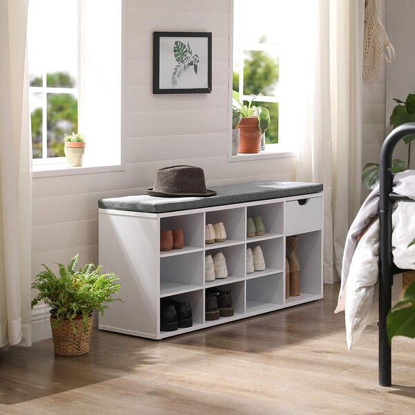 Banca pentru pantofi cu sezut gri si sertar WESO WHITE 104x30x48 cm, alb