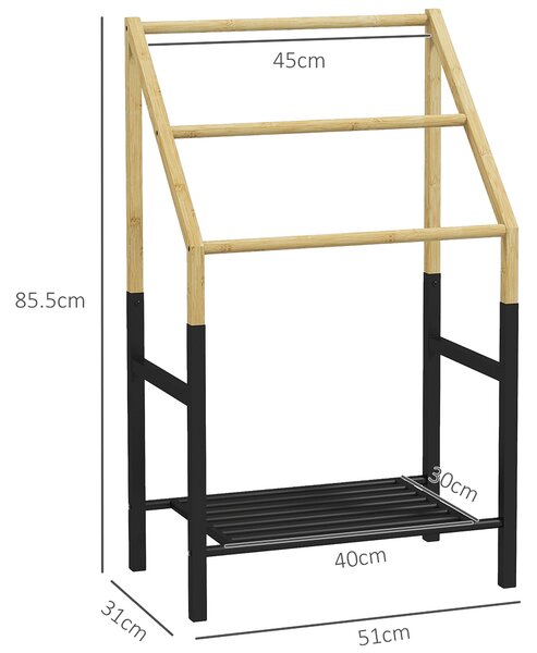 HOMCOM Suport de Podea pentru Prosoape cu 3 Bare și Raft Inferior pentru Obiecte, 51x31x85,5 cm, Negru | Aosom Romania