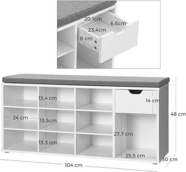 Banca pentru pantofi cu sezut gri si sertar WESO WHITE 104x30x48 cm, alb