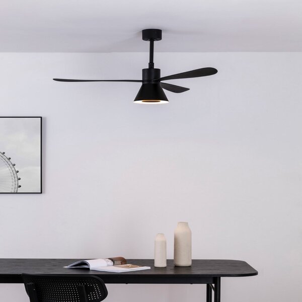 FARO BARCELONA Ventilator de tavan cu LED Amelia Cone L, negru, silențios, 132 cm, reglabil, Negru, Camera de zi / sufragerie, Plastic, Modern