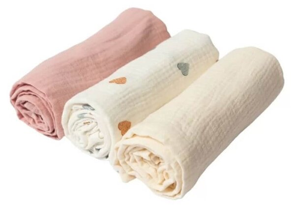 Set bebe nou-nascut 6 piese cu Baby Nest din muselina 90x50 cm, 3 paturici din muselina, 2 aleze reutilizabile impermeabile, organizator patut, 3 caciulite si 3 perechi manusi anti-zgarieturi Kidizi - Color Hearts