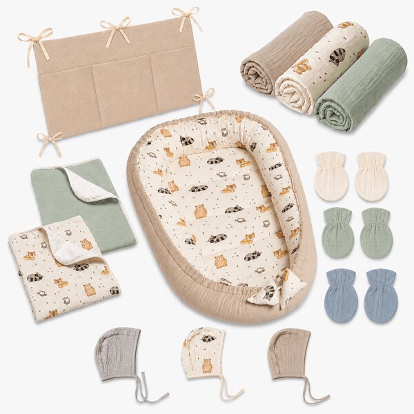 Set bebe nou-nascut 6 piese cu Baby Nest din muselina 90x50 cm, 3 paturici din muselina, 2 aleze reutilizabile impermeabile, organizator patut, 3 caciulite si 3 perechi manusi anti-zgarieturi Kidizi - Cuddly Buddies