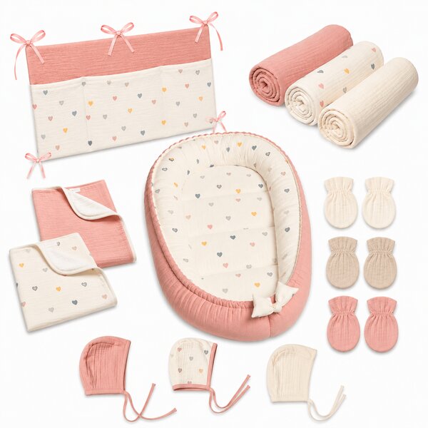Set bebe nou-nascut 6 piese cu Baby Nest din muselina 90x50 cm, 3 paturici din muselina, 2 aleze reutilizabile impermeabile, organizator patut, 3 caciulite si 3 perechi manusi anti-zgarieturi Kidizi - Color Hearts