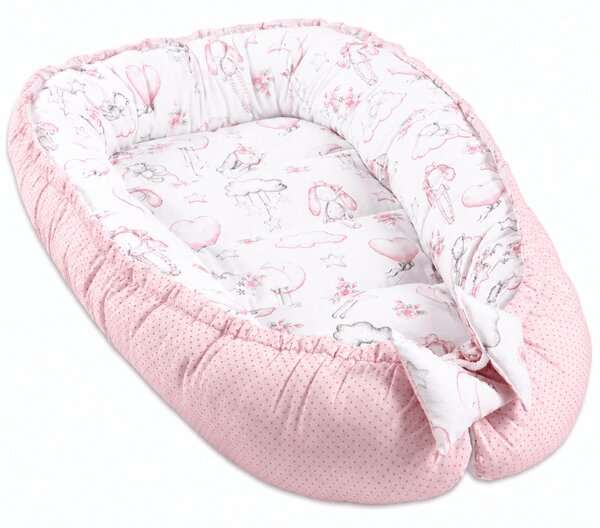 Set cosulet bebelus pentru dormit Baby Nest Cocoon 90x50 cm si lenjerie matlasata 5 piese 120x60 cm Kidizi - Fairy Clouds