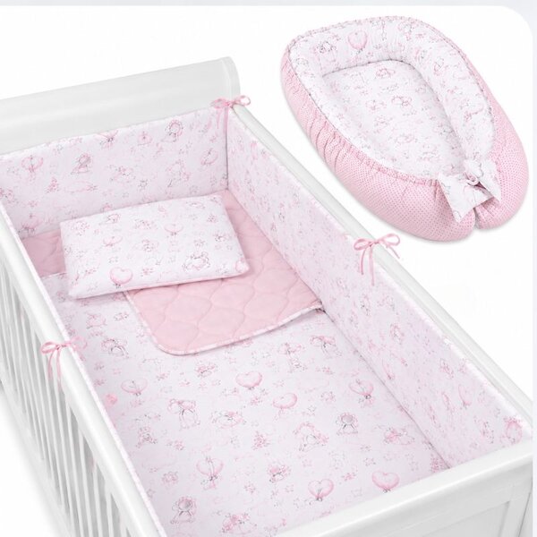 Set cosulet bebelus pentru dormit Baby Nest Cocoon 90x50 cm si lenjerie matlasata 5 piese 120x60 cm Kidizi - Fairy Clouds