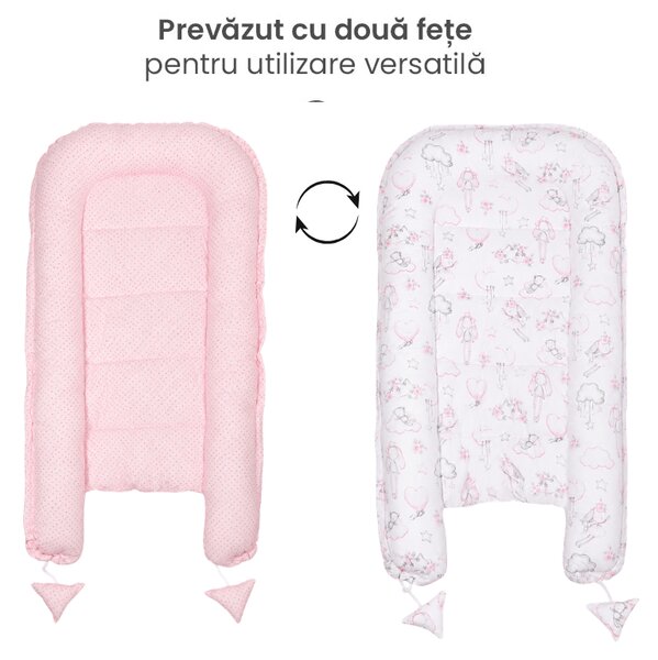 Set cosulet bebelus pentru dormit Baby Nest Cocoon 90x50 cm si lenjerie matlasata 5 piese 120x60 cm Kidizi - Fairy Clouds