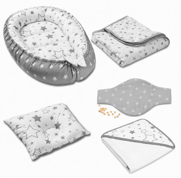 Set bebe nou-nascut 5 piese Kidizi - Baby Nest Cocoon 90x50 cm, prosop cu gluga 90x90 cm, paturica din muselina, perna impotriva plagiocefaliei si centura anticolici