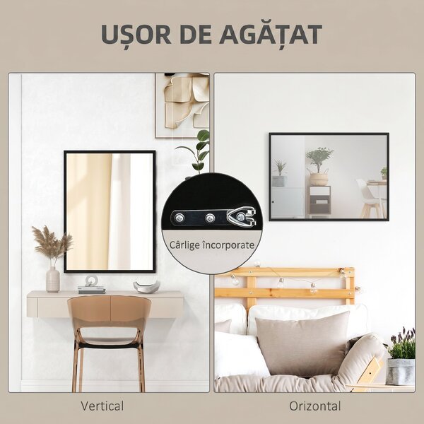 HOMCOM Oglindă Dreptunghiulară de Perete cu Cârlige, Sticlă și MDF, 60x80 cm, Negru | Aosom Romania