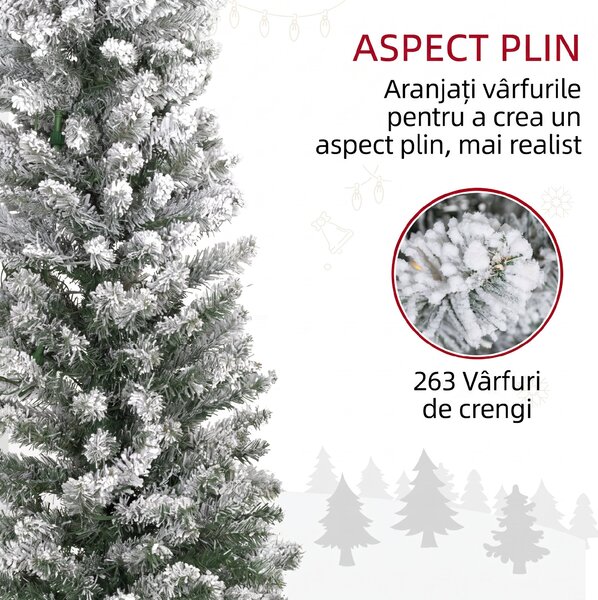 HOMCOM Brad de Crăciun Înzăpezit cu 263 de Crengi și Lumini LED Albe, Brad Artificial din Plastic, Ø45x150 cm, Verde | Aosom Romania