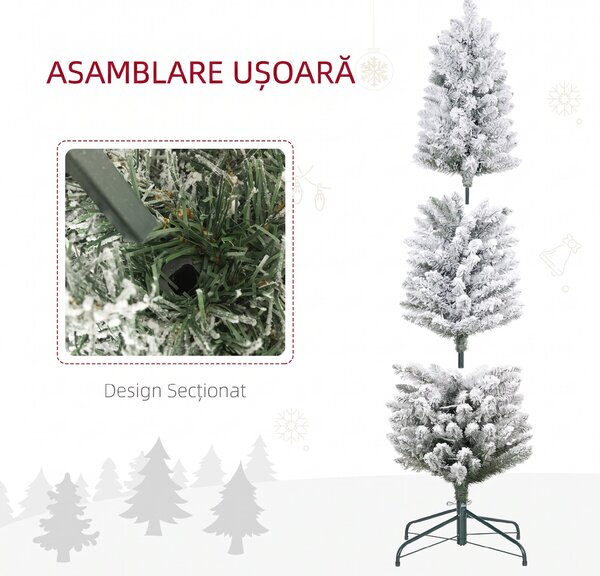 HOMCOM Brad de Crăciun Înzăpezit cu 263 de Crengi și Lumini LED Albe, Brad Artificial din Plastic, Ø45x150 cm, Verde | Aosom Romania