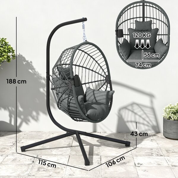 Outsunny Scaun Suspendat Ou, Inclusiv Pernă, Fotoliu, 120 cm x 106 cm x 188 cm, Gri | Aosom Romania