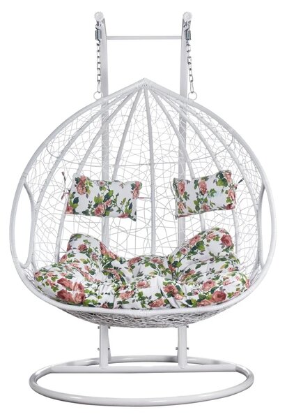 Fotoliu leagan dublu, suspendat, cu perne moi, rezistente la UV, împletitură tip răchită, structură metalică, pentru interior și exterior, Alb/Floral