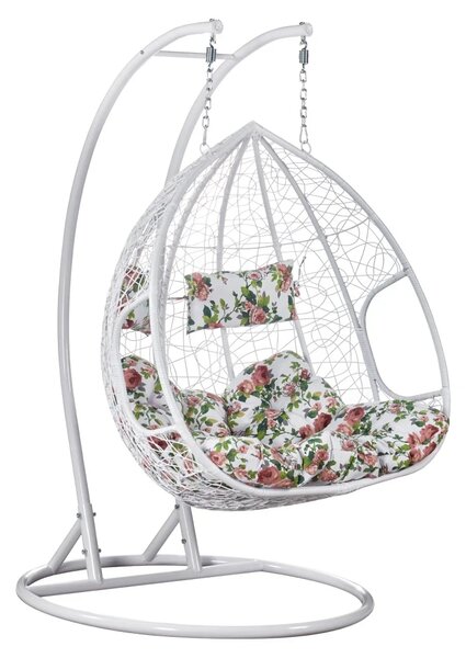 Fotoliu leagan dublu, suspendat, cu perne moi, rezistente la UV, împletitură tip răchită, structură metalică, pentru interior și exterior, Alb/Floral