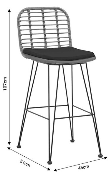 Scaun de bar pentru exterior, Model Naoki, culoare bej si negru, metal si poliratan, 46x56x110 cm