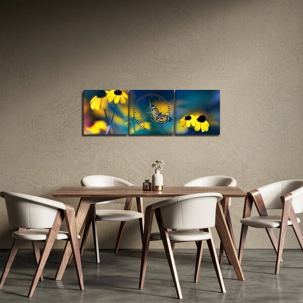Tablou - Fluture galben și flori (cu ceas) (90x30 cm)