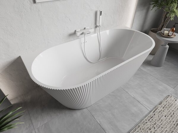 Cadă de baie independentă Mexen Oris cu caneluri 150 x 75 cm, alb lucios, preaplin alb, 52871507500-20