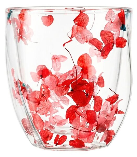Pahar cu inserție de flori uscate roșu și roz, hortensie, pereți dubli, sticlă borosilicată, 250 ml, Aurora Bloom
