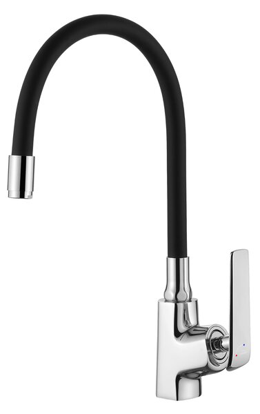 Invena Ligaria, baterie chiuvetă înaltă cu braț elastic, sistem Eco Start, crom-negru mat, INV-BZ-39-008-L