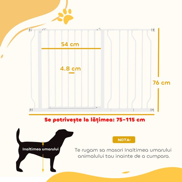 PawHut Poartă de Siguranță pentru Câini din Oțel și ABS, Poartă Extensibilă pentru Câini pentru Scări și Uși, 75-115 cm, Alb