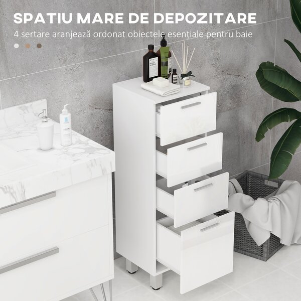 Kleankin Dulap de Baie, Unitate de Depozitare pentru Baie cu Luciu Inalt, cu 4 Sertare, Alb | Aosom Romania