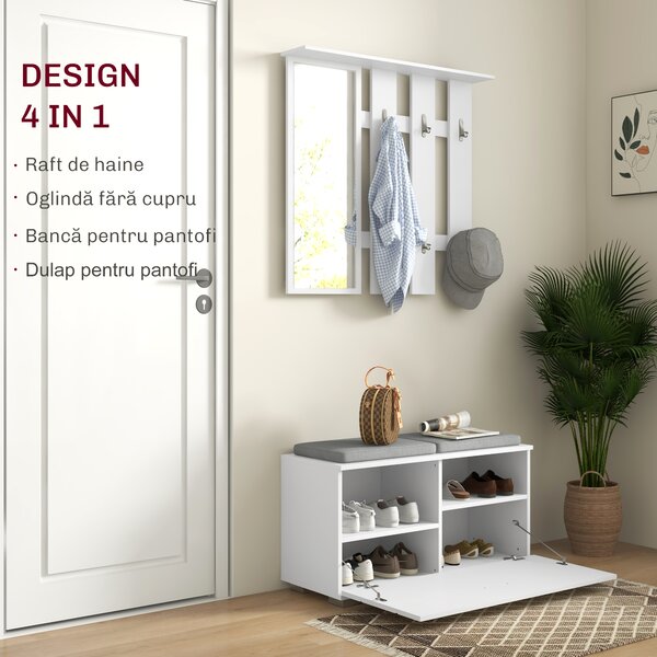 HOMCOM Set de Depozitare pentru Hol 4-în-1, Cuiere, Oglindă, Bancă pentru Încălțăminte cu Scaun, 85x35x49 cm, Alb | Aosom Romania