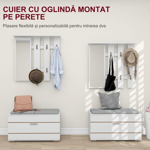 HOMCOM Set de Depozitare pentru Hol 4-în-1, Cuiere, Oglindă, Bancă pentru Încălțăminte cu Scaun, 85x35x49 cm, Alb | Aosom Romania