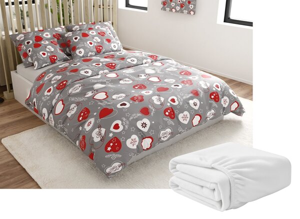 Set 2 bucati lenjerie cocolino INIMI DE CRACIUN gri + cearsaf Cocolino microplus cu elastic MOALE 180x200 cm alb, pat dublu