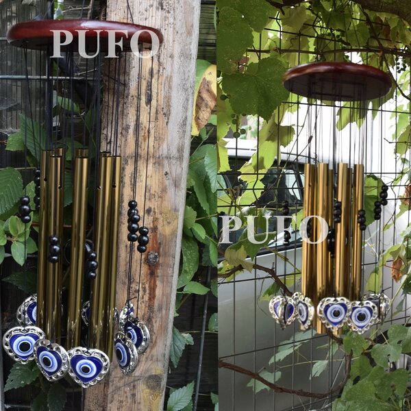 Clopotel de vant Pufo cu 5 tuburi sonore metalice pentru casa sau gradina, model Fatima's Heart, auriu