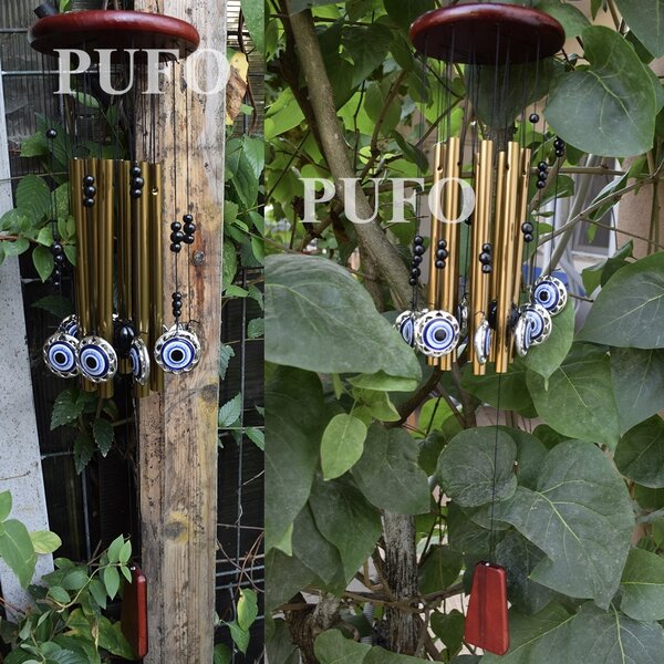 Clopotel de vant Pufo cu 5 tuburi sonore metalice pentru casa sau gradina, model Ochiul lui Fatima, auriu