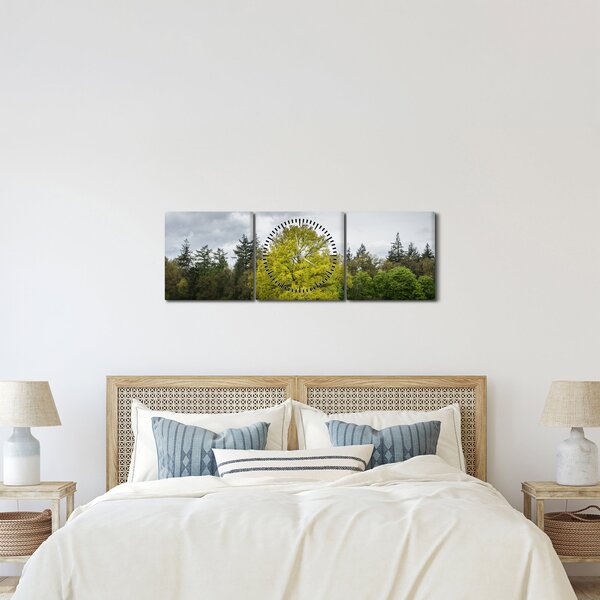Tablou - Copac verde în câmp (cu ceas) (90x30 cm)