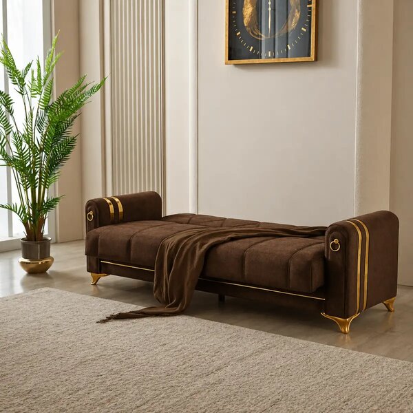 Canapea extensibila cu lada de depozitare 220x87x93 cm, maro si detalii aurii – Camara