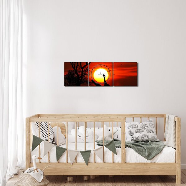 Tablou - Siluete animalelor la apus de soare (cu ceas) (90x30 cm)