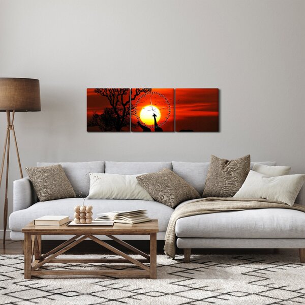 Tablou - Siluete animalelor la apus de soare (cu ceas) (90x30 cm)