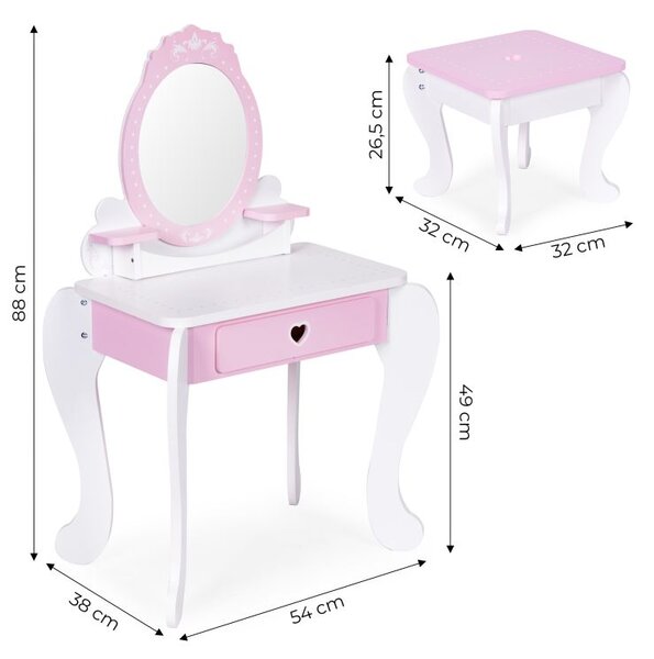 Masă cosmetică pentru copii cu oglindă, scaun și accesorii