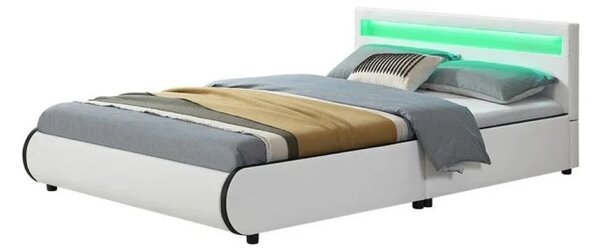 Pat tapitat piele PU, cu iluminare LED, telecomanda, cadru lemn, suport saltea inclus, 160x200, Alb