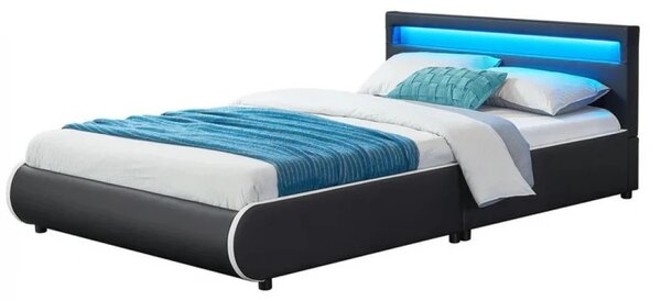 Pat tapitat piele PU, cu iluminare LED, telecomanda, cadru lemn, suport saltea inclus, 160x200, Negru