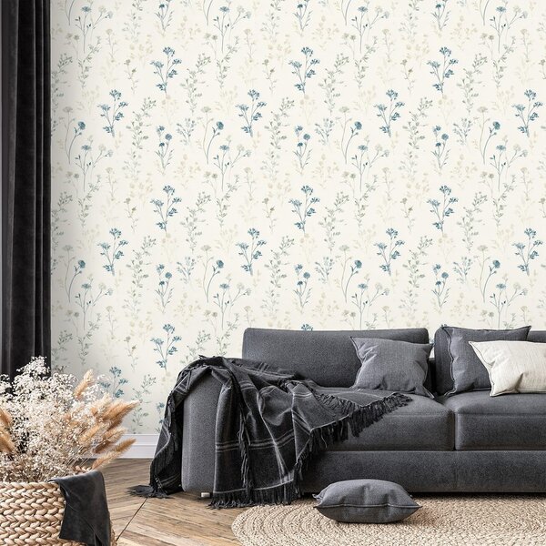 Fototapet flori albastre delicate pe bej