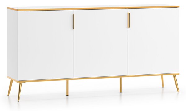 Comoda cu 3 usi moderna lux ,pal alb alpin auriu , picioare si manere auriu, 170 cm x 88 x 40 cm, spatioasa , pentru living, dormitor , spatiu comercial, hol