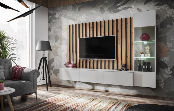 Set mobila living, suspendata, prindere perete, cu riflaj inclus, usi deschidere prin apasare, vitrina cu led, stejar artisan -lamele riflaj negre gri mat perlat, 220 cm lungime, Bortis impex
