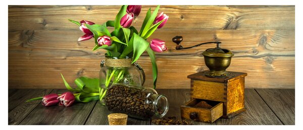 Tablou - lalele, râșniță și cafea (120x50 cm)